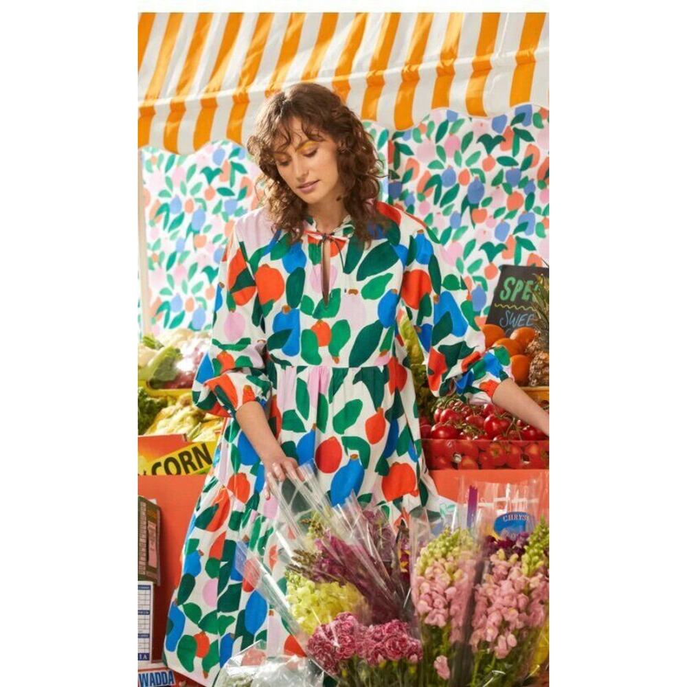 VARIETY HOUR Sz L Large Citrus Long Poet Midi Tiered Dress